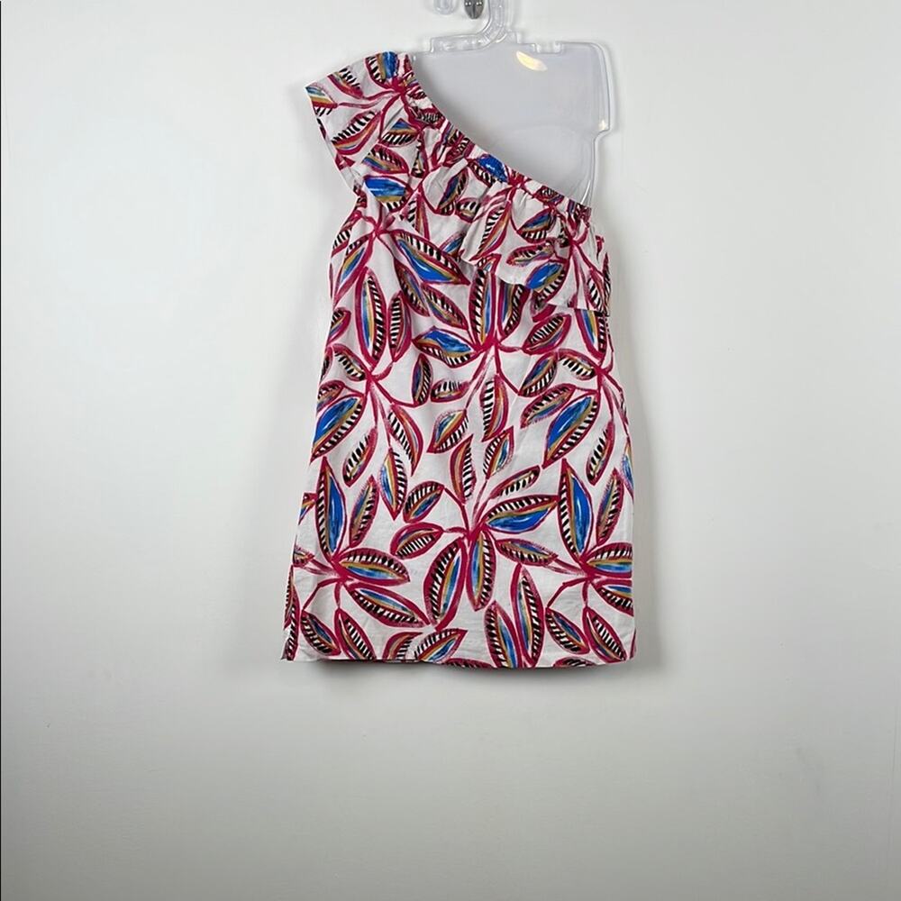 J Crew Factory One-Shoulder Leaf Print Ruffle Collar Linen Blend Women's M Dress